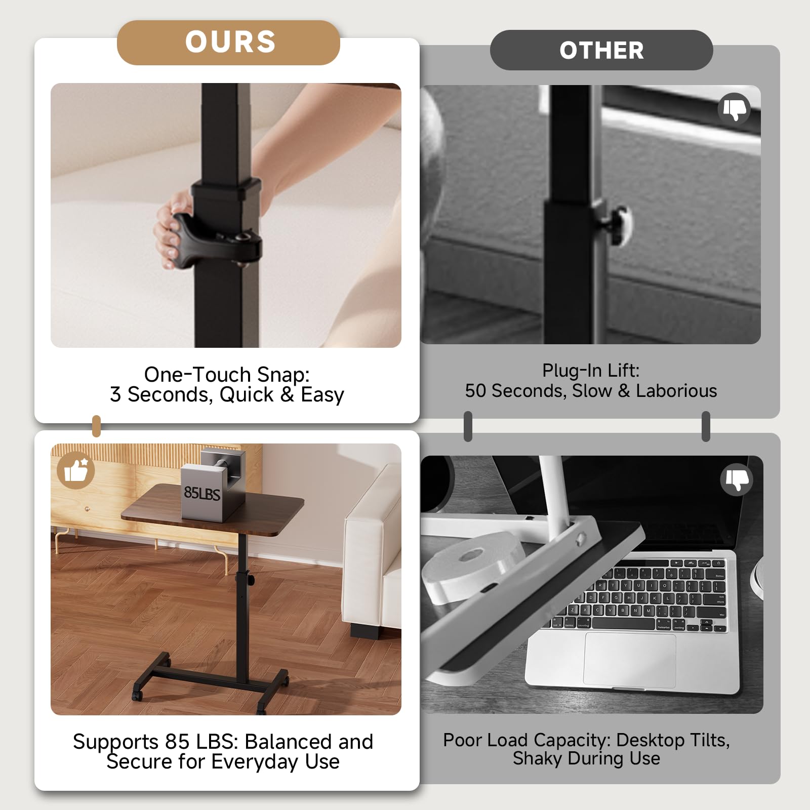 Small Standing Desk, 24 Inches Foldable Mobile Rolling Laptop PC Table with Lockable Casters, Adjustable Height Overbed Bedside Table Computer Workstation for Home Office, Dark Brown-Foldable
