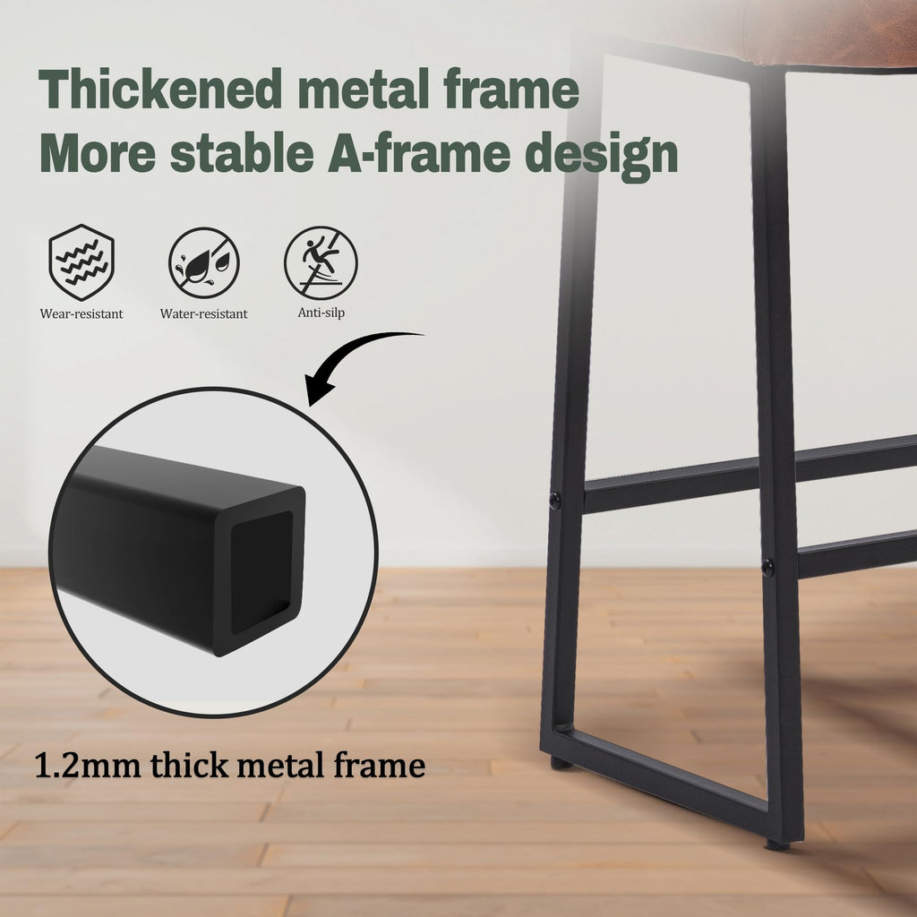 Modern Bar Stools Set of 3 for Kitchen Counter 24 inch Counter Height Backless Barstools with Upholstered Faux Leather Saddle Seat and Metal Frame Industrial Bar Chairs, Brown