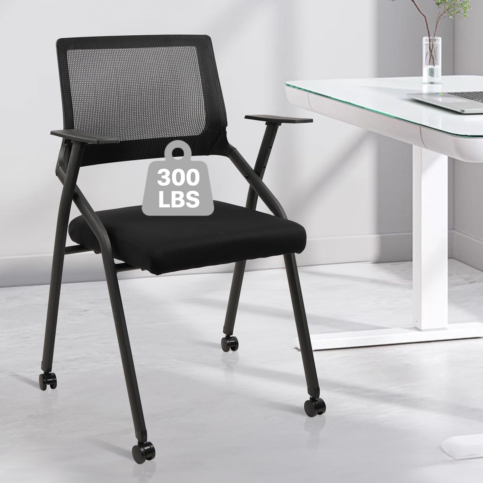Stackable Foldable Conference Room Chairs with Wheels, Portable Padded Office Desk Chair with Lumbar Support and Armrest for Training Room, Guest, Reception, Event, Black (1pk)