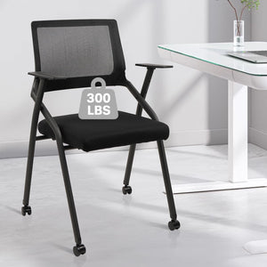 Stackable Foldable Conference Room Chairs with Wheels, Portable Padded Office Desk Chair with Lumbar Support and Armrest for Training Room, Guest, Reception, Event, Black (1pk)
