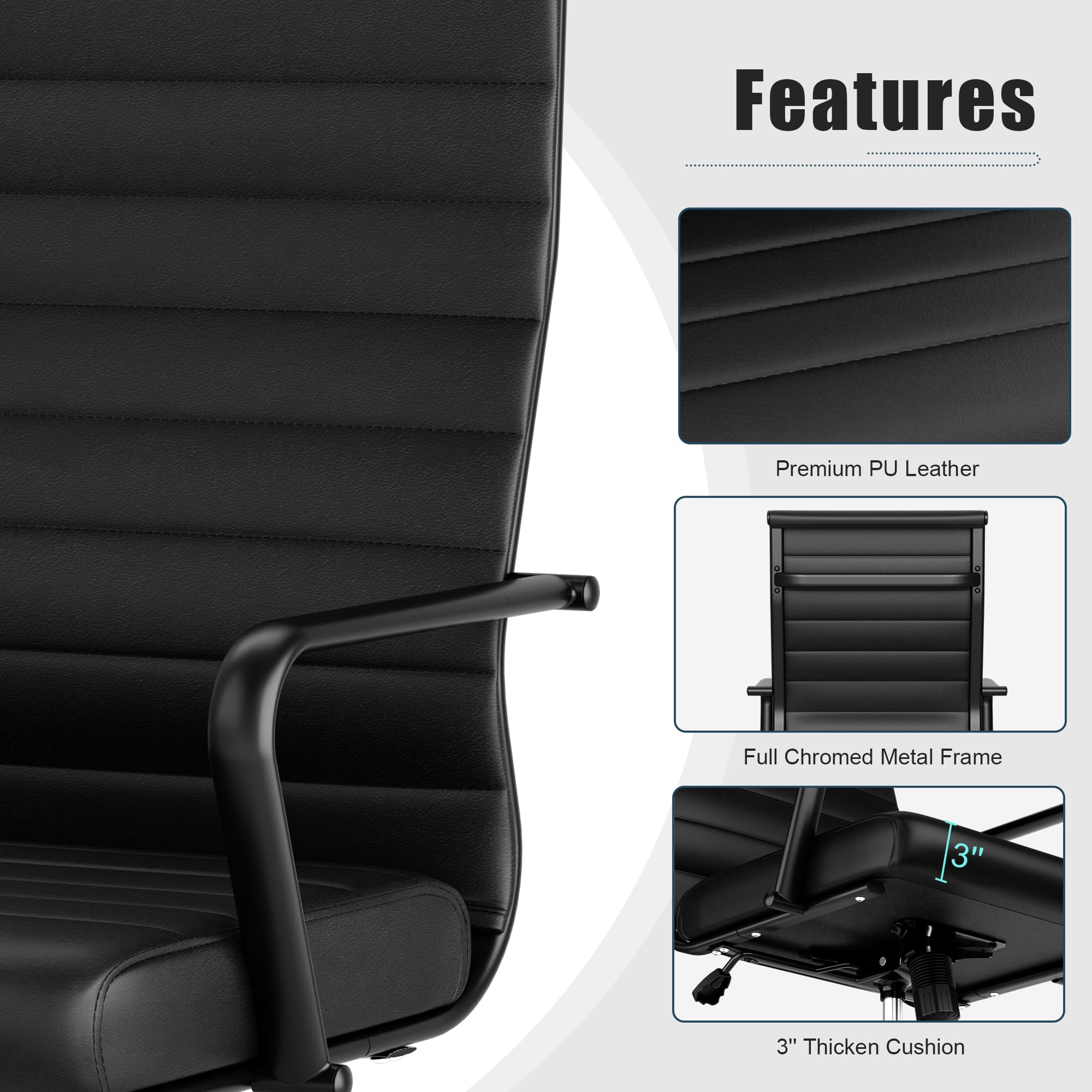 Leather Office Desk Chair, Conference Room Chairs Executive Chair Ribbed, Ergonomic Height Adjustable Swivel Rolling Chair for Home Office.