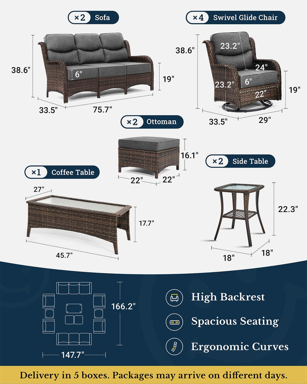 Luxury Patio Furniture Set with 6-inch Thick Cushion, Outdoor Couch and High Back Swivel Rocker Patio Chairs, 11PCS Wicker Conversation Set for Deck Yard and Poolside, Dark Grey (V2)