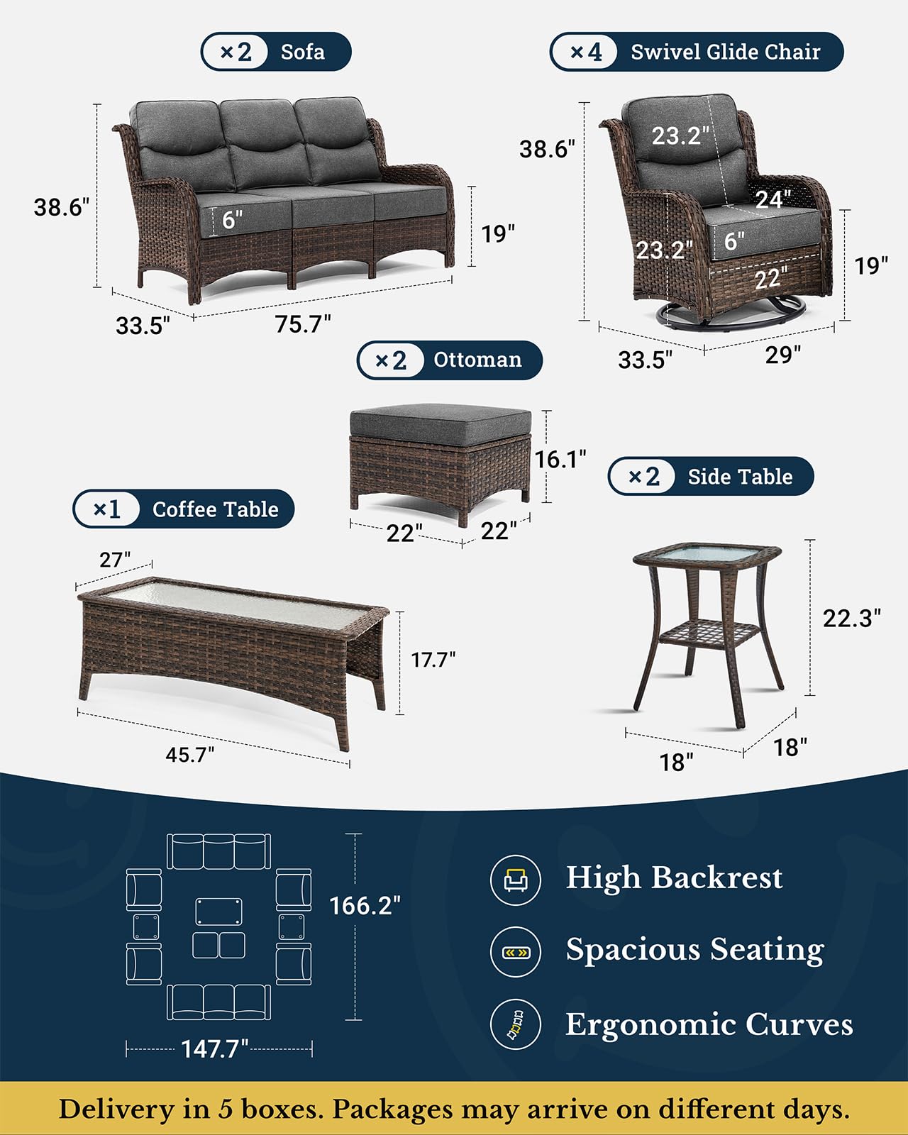 Luxury Patio Furniture Set with 6-inch Thick Cushion, Outdoor Couch and High Back Swivel Rocker Patio Chairs, 11PCS Wicker Conversation Set for Deck Yard and Poolside, Dark Grey (V2)