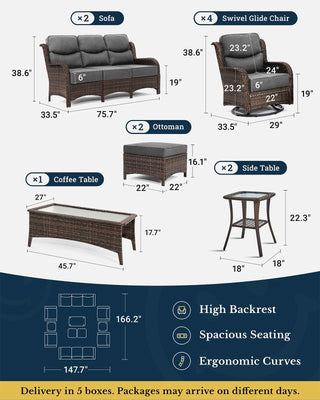 Luxury Patio Furniture Set with 6-inch Thick Cushion, Outdoor Couch and High Back Swivel Rocker Patio Chairs, 11PCS Wicker Conversation Set for Deck Yard and Poolside, Dark Grey (V2)