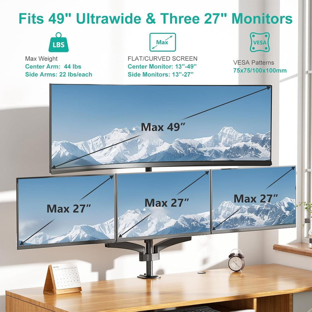 4 Monitor Mount for 13-49 inch Ultrawides on Top Bracket and 27 inch Screens on Lower Brackets, Heavy Duty Arm Extra Tall Quad Monitor Stand, up to 44 lbs (GSDM004S-P), Black