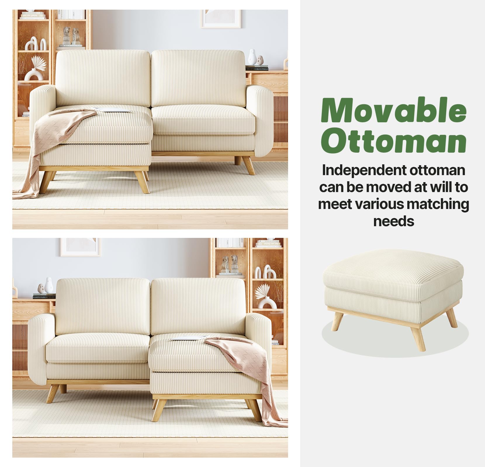 68" Loveseat Sofa with Movable Ottoman, Comfy Corduroy Couch with Spring Cushion, Sofa Couch with Solid Wood, Modern Office Sofa with Deep Seat for Living Room and Bedroom, Beige