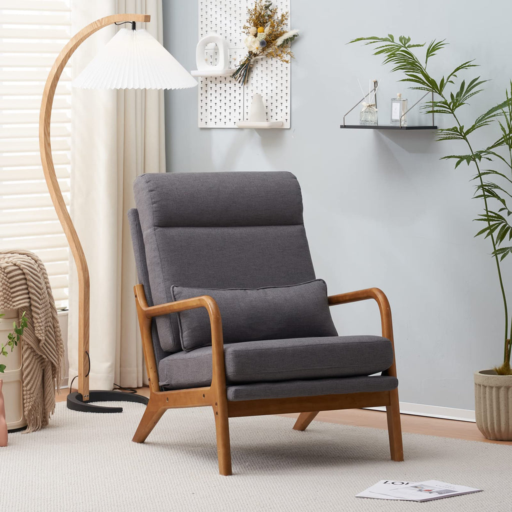 High Back Linen Dark Grey Mid Century Modern Accent Chair, Soild Wood Padding Lounge Armchairs Side Sitting Chairs for Living Room, Bedroom, Guest Room