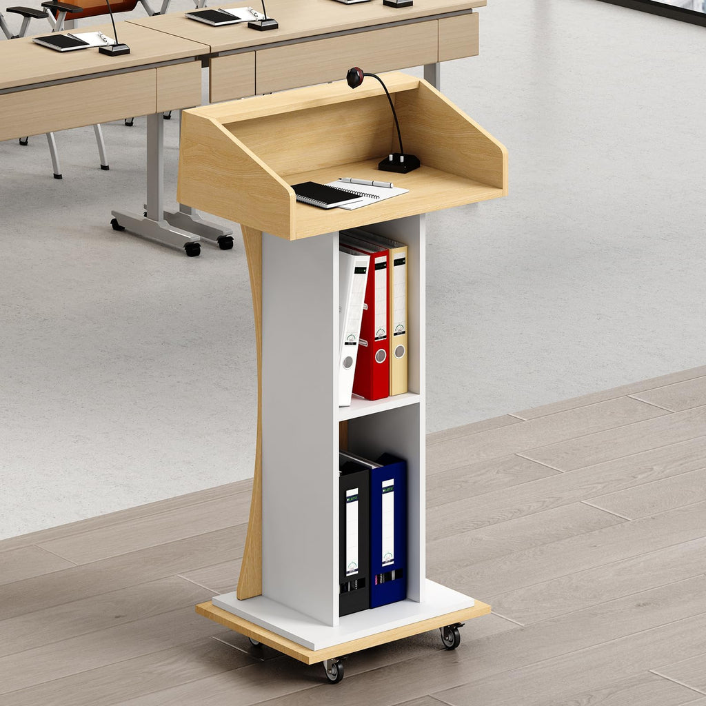 Mobile Wooden Podium Stand with Lockable Wheels Modern Presentation Blockboard Lectern Oak Color with Storage Shelves for Office, Church, Classroom, Conference Room