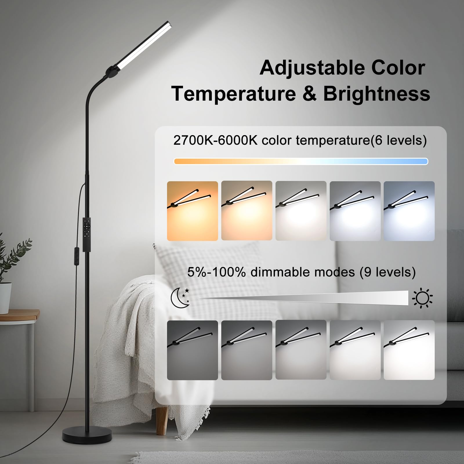 LED Floor Lamp with Remote Control, Bright 18W Floor Lamps for Living Room with Double Head, Adjustable Gooseneck Standing Lamp, Eye Caring Reading Light for Eyelash Extetions Craft Office