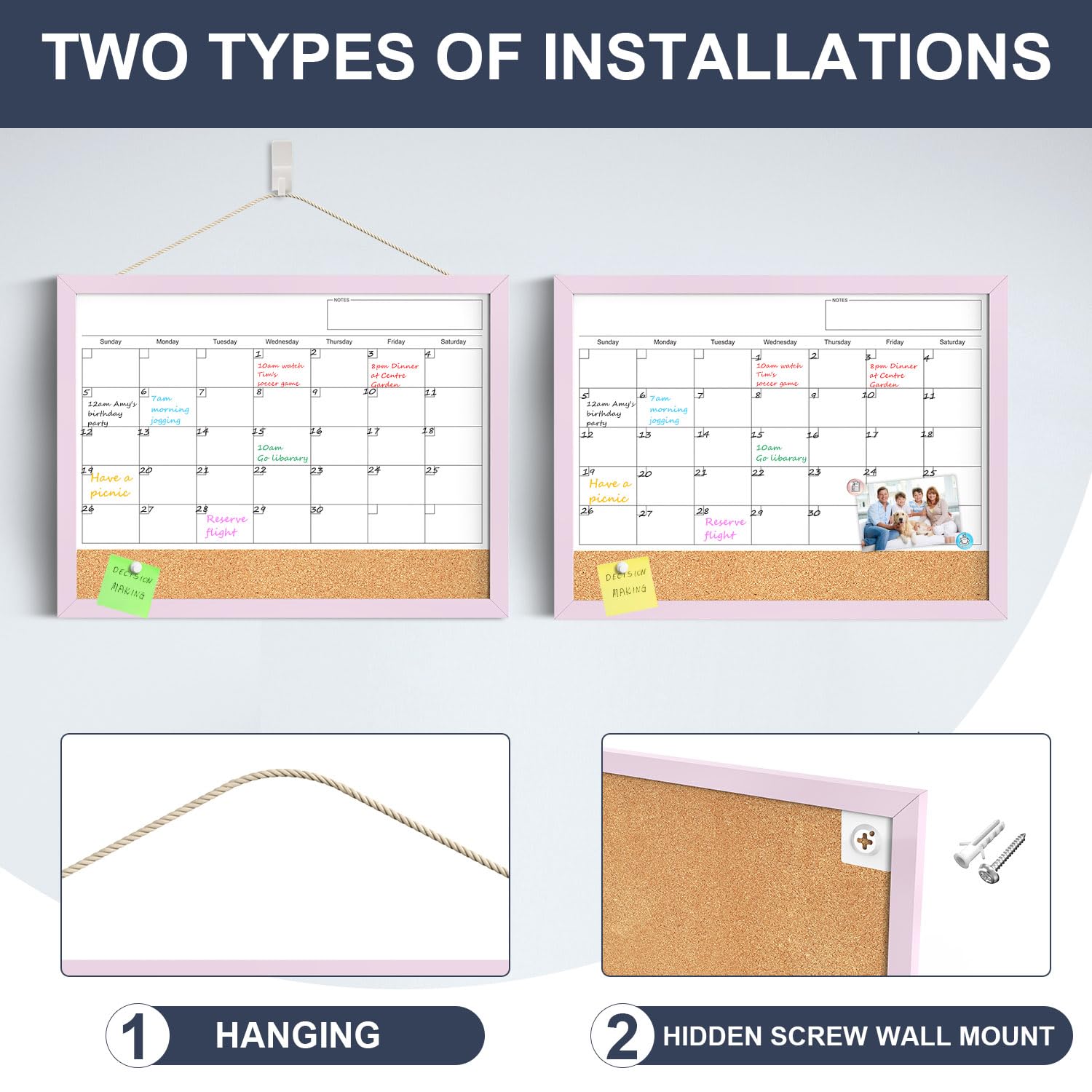 Dry Erase Calendar Cork Board Combo, 17x13 Inches Calendar Whiteboard for Wall, Small Magnetic White Board with Pink Wood Framed, Dry Erase Board for Planner Office Kitchen Home Memo