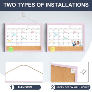Dry Erase Calendar Cork Board Combo, 17x13 Inches Calendar Whiteboard for Wall, Small Magnetic White Board with Pink Wood Framed, Dry Erase Board for Planner Office Kitchen Home Memo