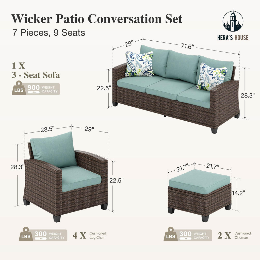 Outdoor Patio Furniture Set, 7 Pieces Wicker Patio Conversation Sets, Outside Sectional Deep Seating Sofa Set for Lawn Backyard Porch, Brown/Blue