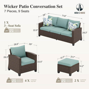 Outdoor Patio Furniture Set, 7 Pieces Wicker Patio Conversation Sets, Outside Sectional Deep Seating Sofa Set for Lawn Backyard Porch, Brown/Blue