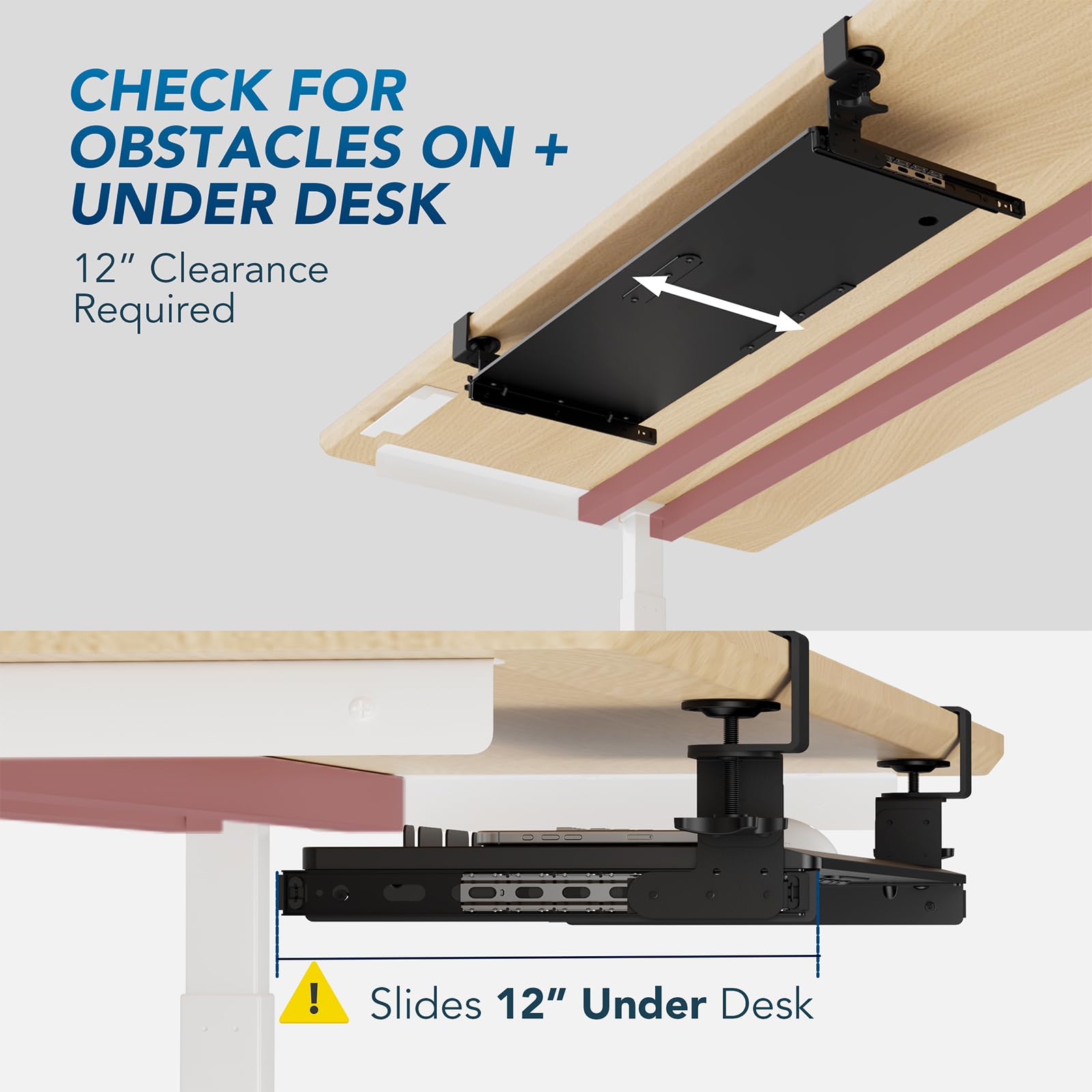 Keyboard Tray Under Desk Pull Out with Extra Sturdy Adjustable C Clamp Mount System, 27.3 (32.5 inch Including Clamps) x 11 Inch Slide-Out Platform Computer Drawer for Typing, Black,AX01WB01