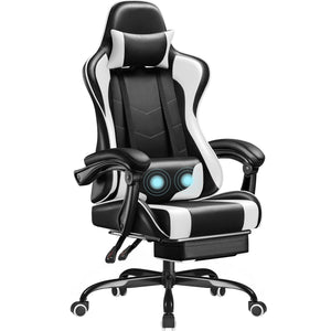 Gaming Chair, Video Game Chair with Footrest and Massage Lumbar Support, Ergonomic Computer Chair Height Adjustable with Swivel Seat and Headrest (White)