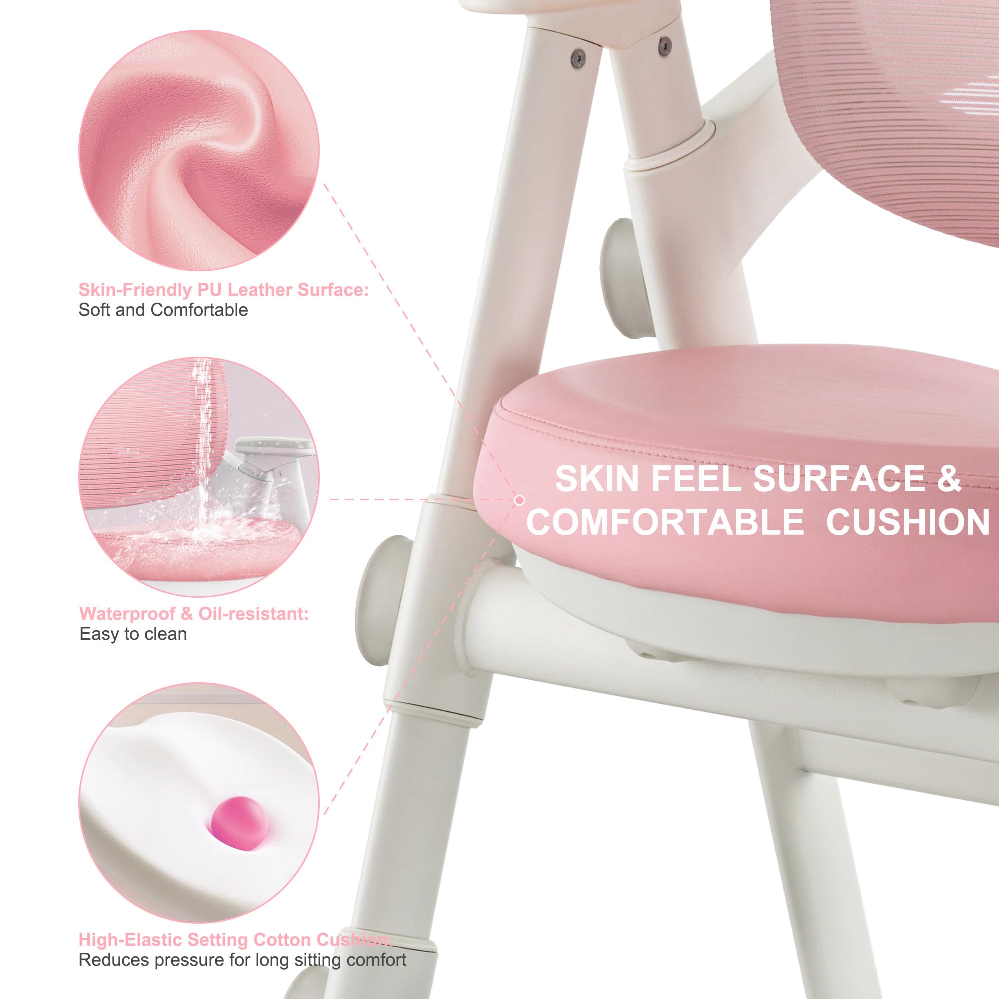 Ergonomic Kids' Study Chair, Height Adjustable Kids Desk Chair for Boys Girls,Comfortable for Teenagers Playing, Drawing, Ideal Gift for Children,Students（Pink）