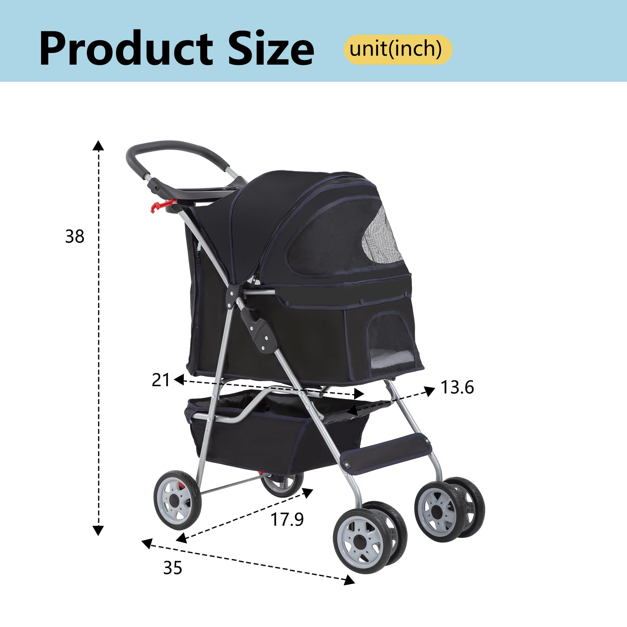 Pet Stroller 4-Wheel Dog Cat Stroller Travel Folding Carrier with Cup Holder and Removable Liner for Small Medium Dogs Cats, Dark Black