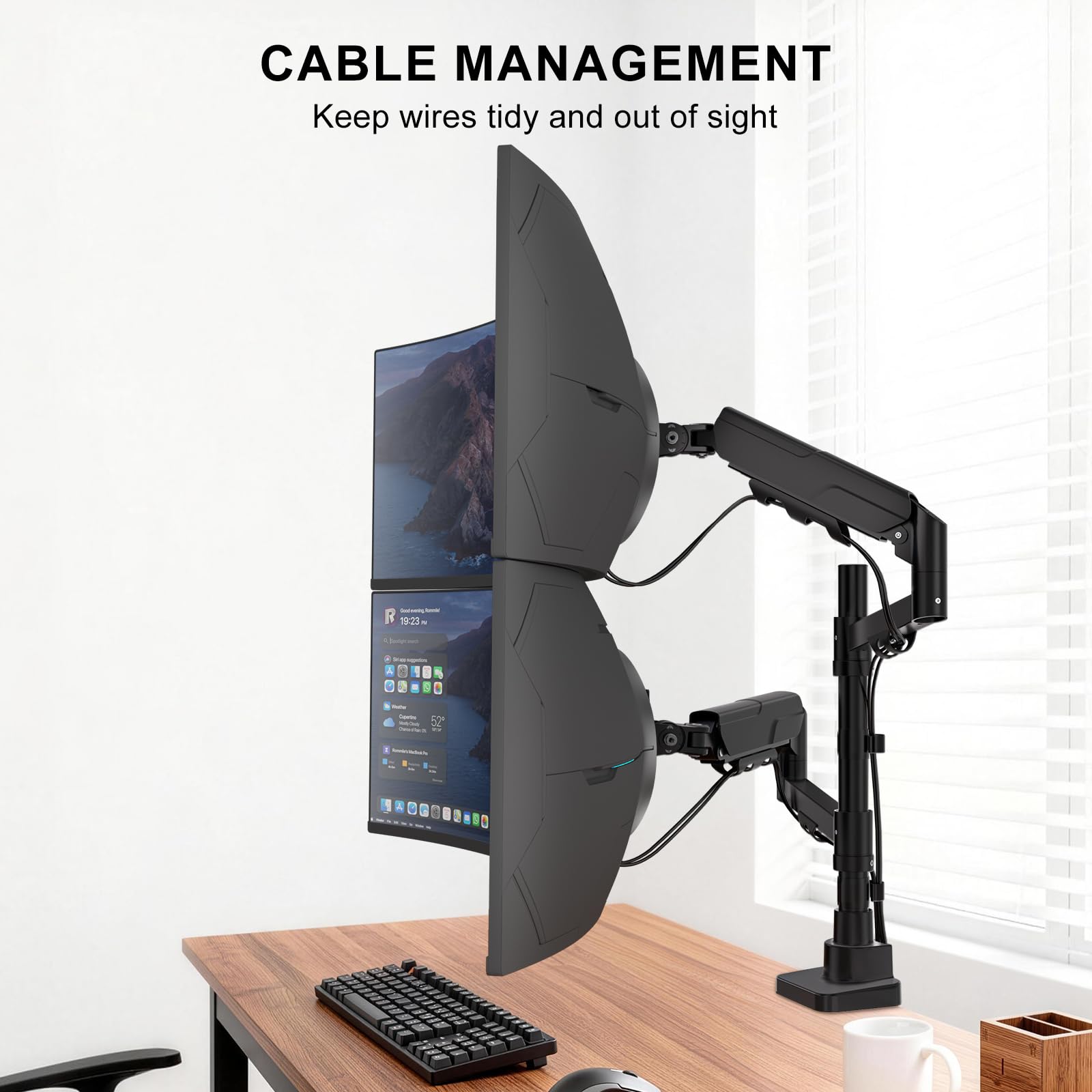 Vertical Dual Monitor Mount for 17-49 inch Ultrawides Curved Screens, Heavy Duty Stacked Dual Monitor Stand for Desk, Adjustable Ultrawide Monitor Arm up to 33lbs, VESA Mount 75/100mm, Black