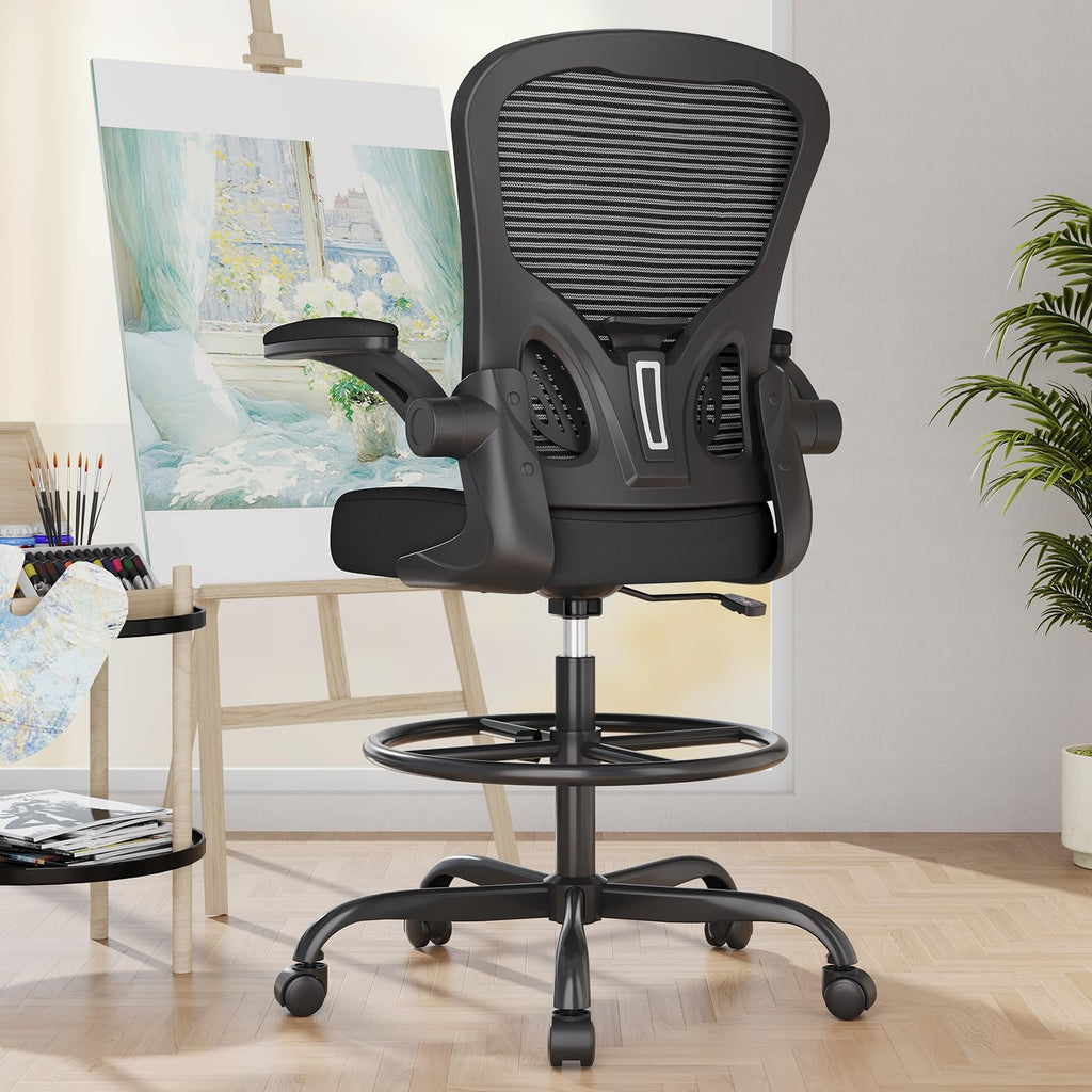 Ergonomic Drafting Chair, Tall Office Chair with Flip-up Armrests, Breathable Mesh High Desk Chair with Lumbar Support Adjustable Footrest Ring for Standing Desk Black