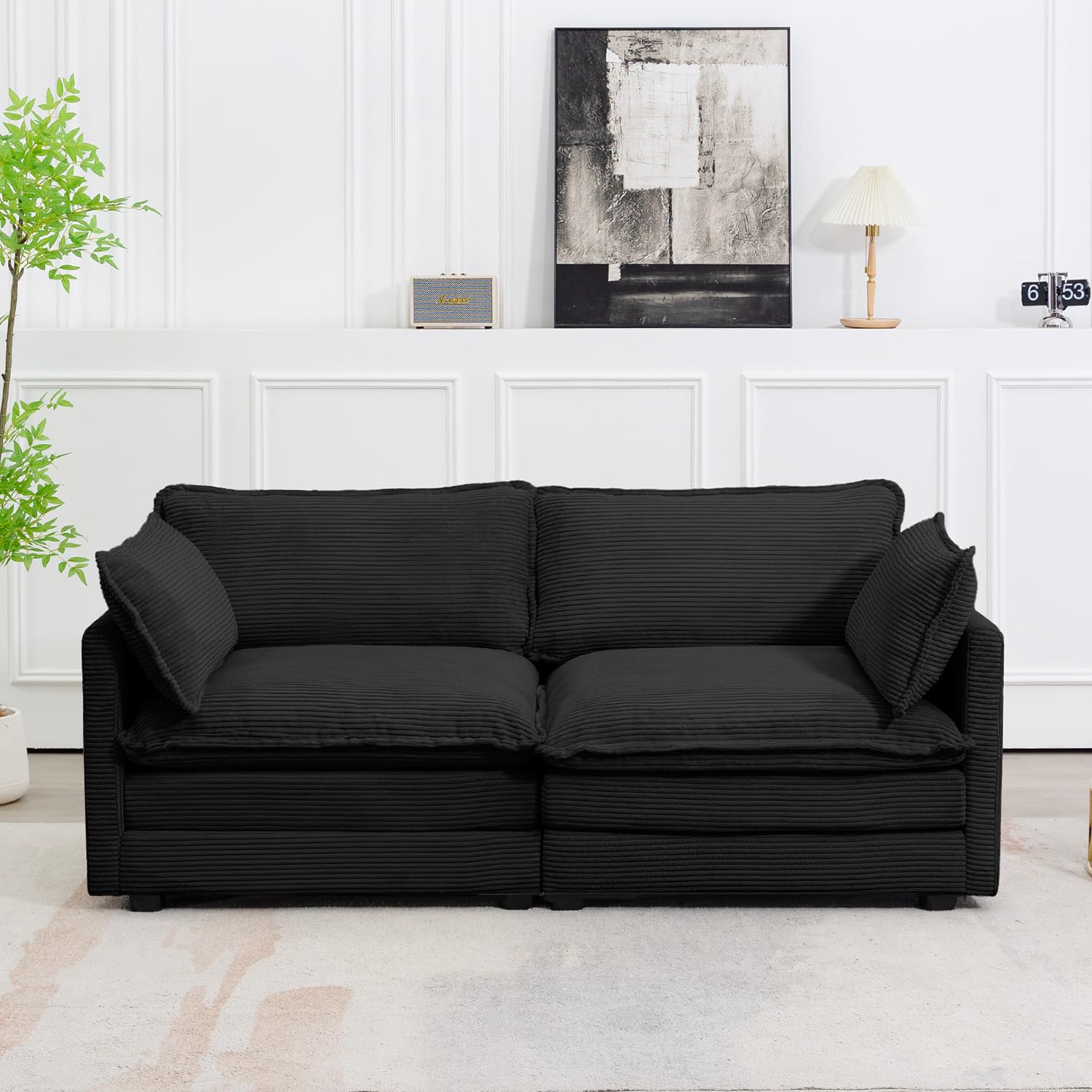 Sectional 2 Seat Cloud Loveseat with 2 Throw Pillows, Modern Corduroy Love Seat Sleeper Bed, Convertible Cozy Sofa for Living Room and Office, Black