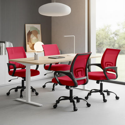 2 Pack, Office Desk Chair - Ergonomic Mid Back with Lumbar Support & Rocking Mode, Height Adjustable with Fixed Armrest, for Home, Computer, Gaming, Conference, Meeting Room, 360° Swivel, Red,