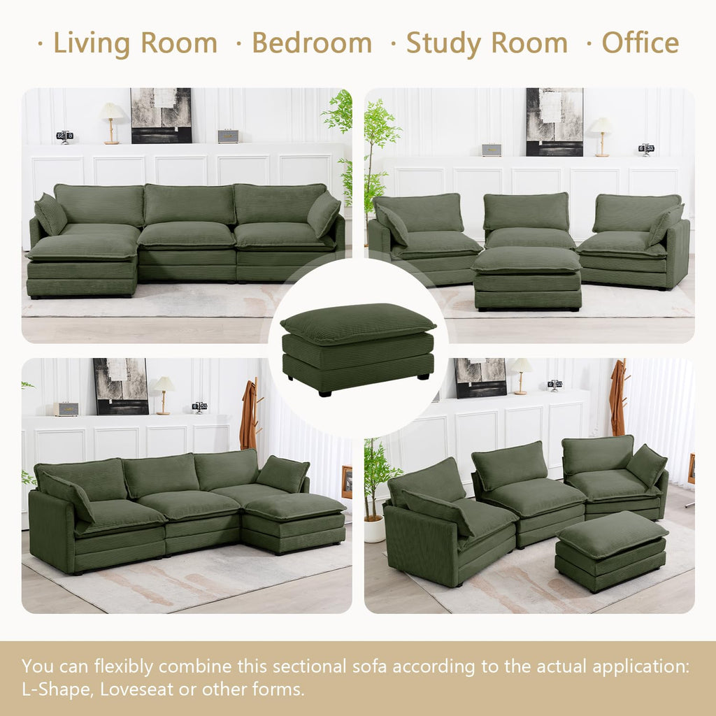 112'' Sectional Modular Cloud Couch, Oversized L Shaped 3 Seat Sofa with Movable Ottomans, 2 Throw Pillows, Upholstered Corduroy L Shape Comfy Deep Couches for Living Room and Office, Green