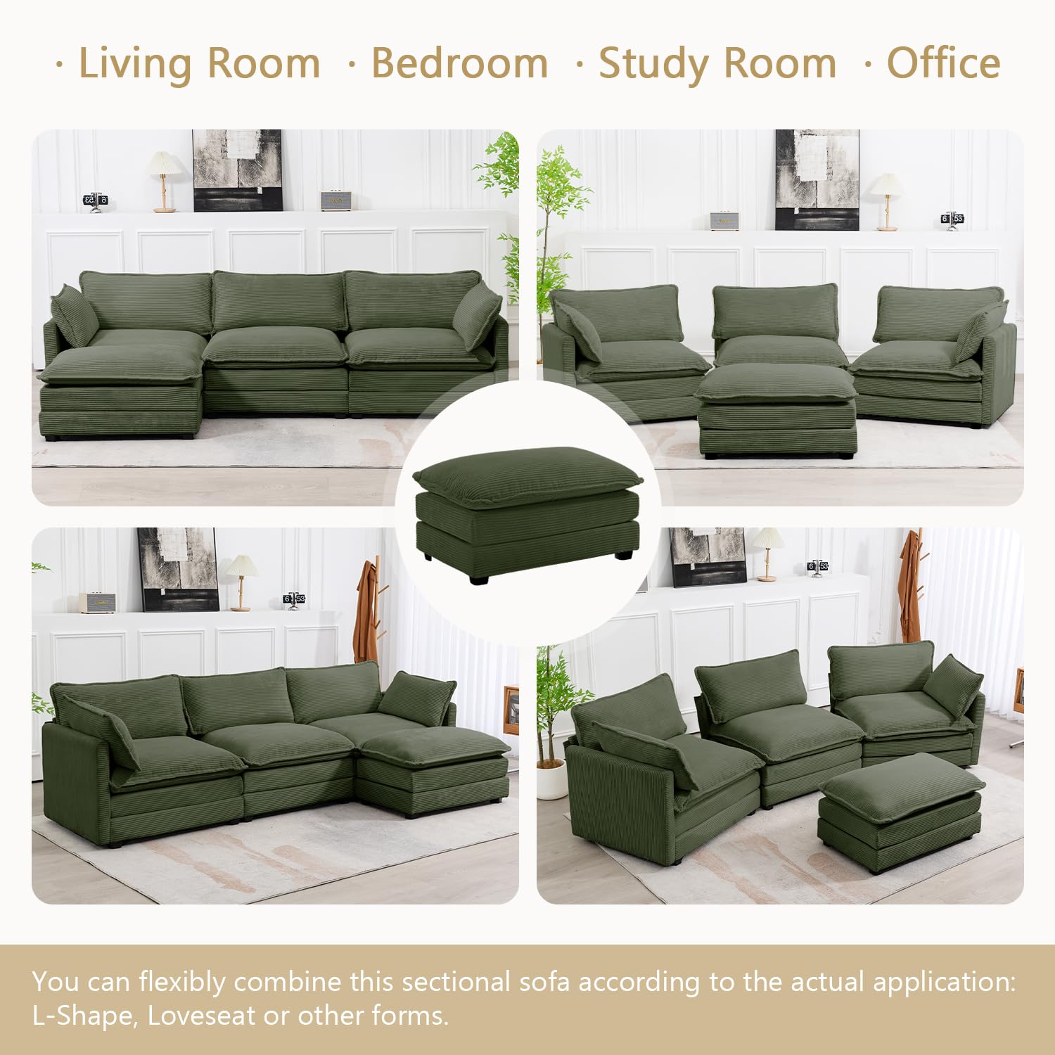 112'' Sectional Modular Cloud Couch, Oversized L Shaped 3 Seat Sofa with Movable Ottomans, 2 Throw Pillows, Upholstered Corduroy L Shape Comfy Deep Couches for Living Room and Office, Green