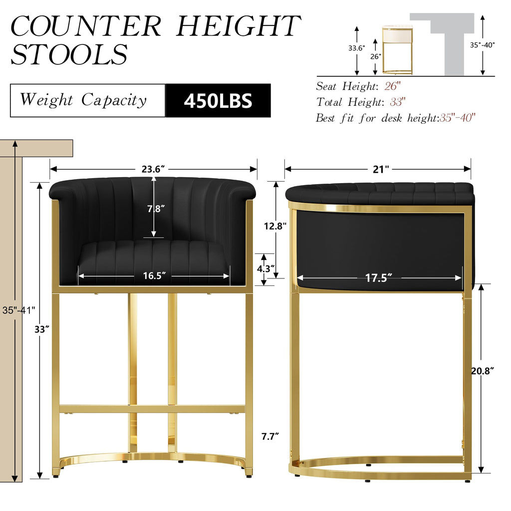 Modern Counter Height Bar Stools,Bar Stools Set of 3,PU Leather Upholstered Barrel Barstools with Backs and Arms,26'' Kitchen Island Chairs,Mirror Champagne Gold Base,Ink Black Leather