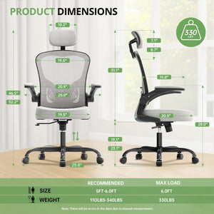 Office Chair Ergonomic Desk Chair, 330LBS Capacity, High Back Computer Design for Long Hours Comfort, Rolling Swivel Executive Task for Home Office with Flip-up Armrests, Black Grey