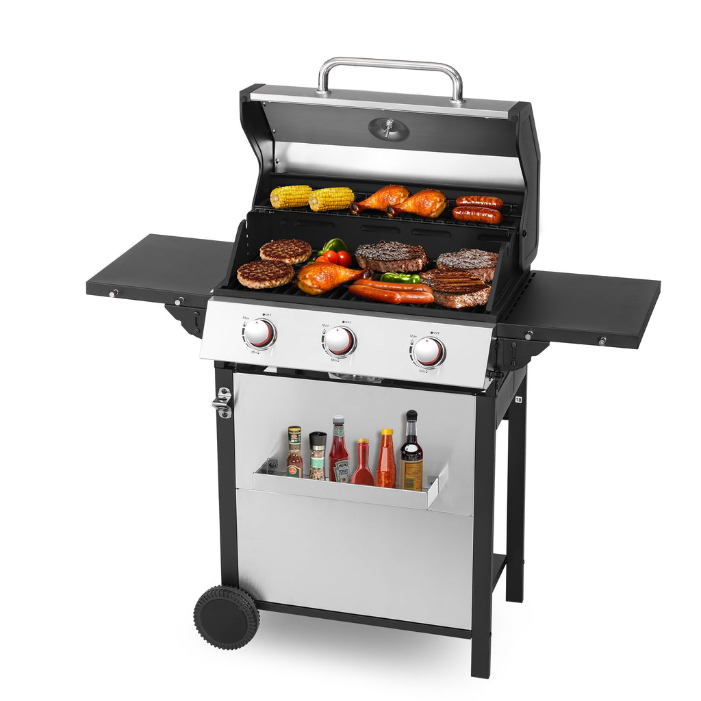 3-Burner Propane Gas Grill with Stainless Steel Cabinet - Outdoor BBQ Grill Side Table, Knob Controls, Cast Iron Grates & Thermometer