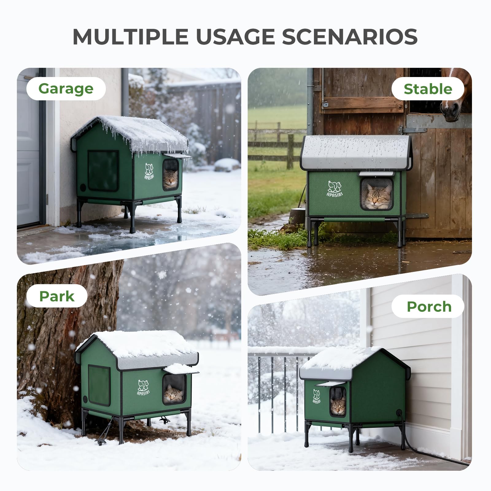 Heated Outdoor Cat House Weatherproof - Insulated Cat Shelter with Thermostatic Heating Pad, Water Resistant 900D Oxford Feral Cat House with Anti-Peep Curtains Escape Door for Winter, Small