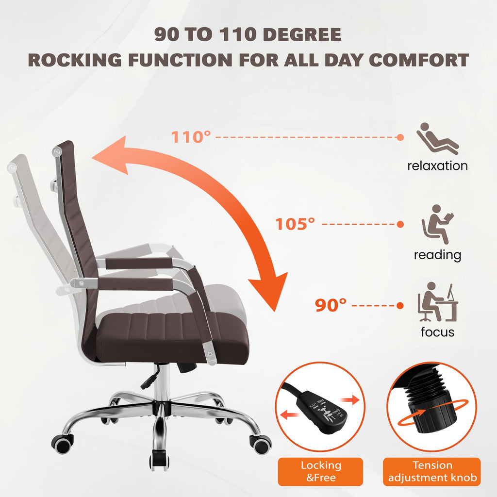 Ergonomic Office Desk Chair, Executive Ribbed Mid-Back PU Leather Conference Room Chair Adjustable Swivel Chair with Arms (2, Brown)