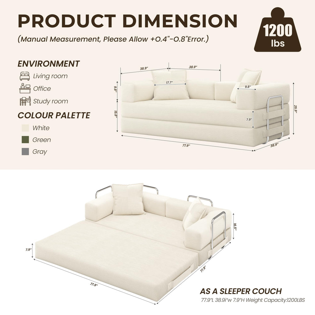 78 Inch Convertible Sofa Bed, 5-in-1 Futon Sofa Bed Pull Out Couch, Boneless Couch Bed for Living Room, Corduroy Boneless Couches for Bedroom, Apartment, No Assembly Sleeper Sofa Bed, Beige