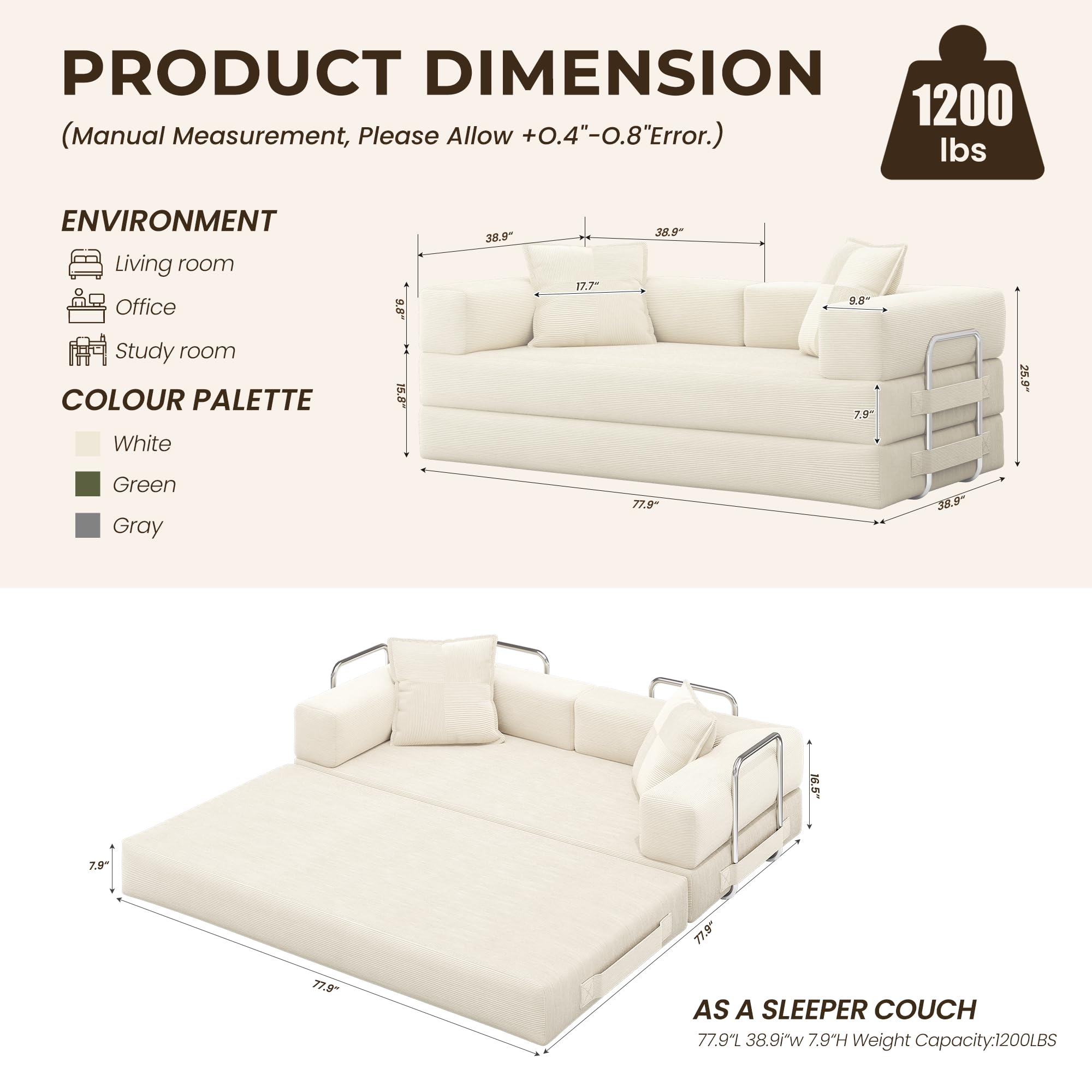 78 Inch Convertible Sofa Bed, 5-in-1 Futon Sofa Bed Pull Out Couch, Boneless Couch Bed for Living Room, Corduroy Boneless Couches for Bedroom, Apartment, No Assembly Sleeper Sofa Bed, Beige