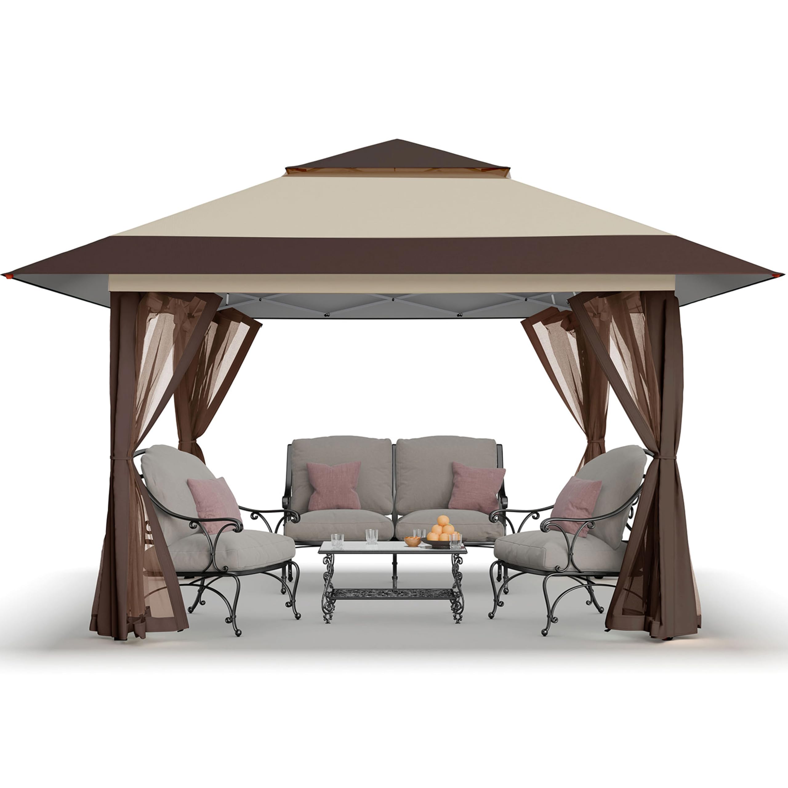 11x11 Pop Up Gazebo, Patented One Push Outoor Canopy Tent with Wheeled STO-N-Go Cover Bag, Pop Up Canopy with Netting for Patio, Backyard (11x11, Beige & Coffee)