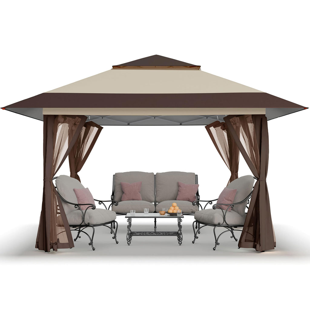 11x11 Pop Up Gazebo, Patented One Push Outoor Canopy Tent with Wheeled STO-N-Go Cover Bag, Pop Up Canopy with Netting for Patio, Backyard (11x11, Beige & Coffee)