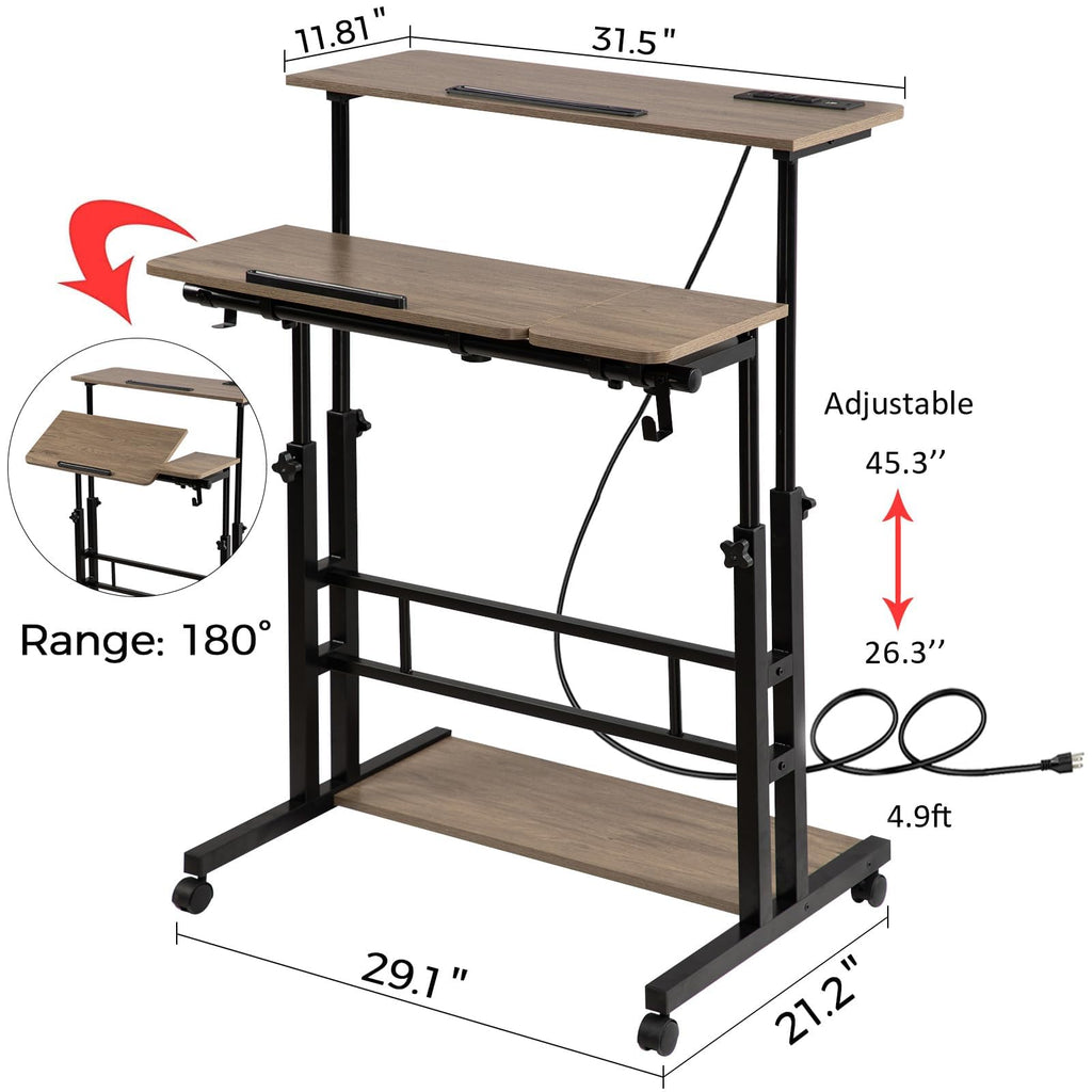 Rolling Stand Up Desk Adjustable Height - Portable Standing Desk with Wheels & Charging Station, Mobile Laptop Desk Small Standing Desk Drawing Table, Grey