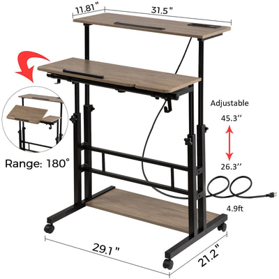 Rolling Stand Up Desk Adjustable Height - Portable Standing Desk with Wheels & Charging Station, Mobile Laptop Desk Small Standing Desk Drawing Table, Grey