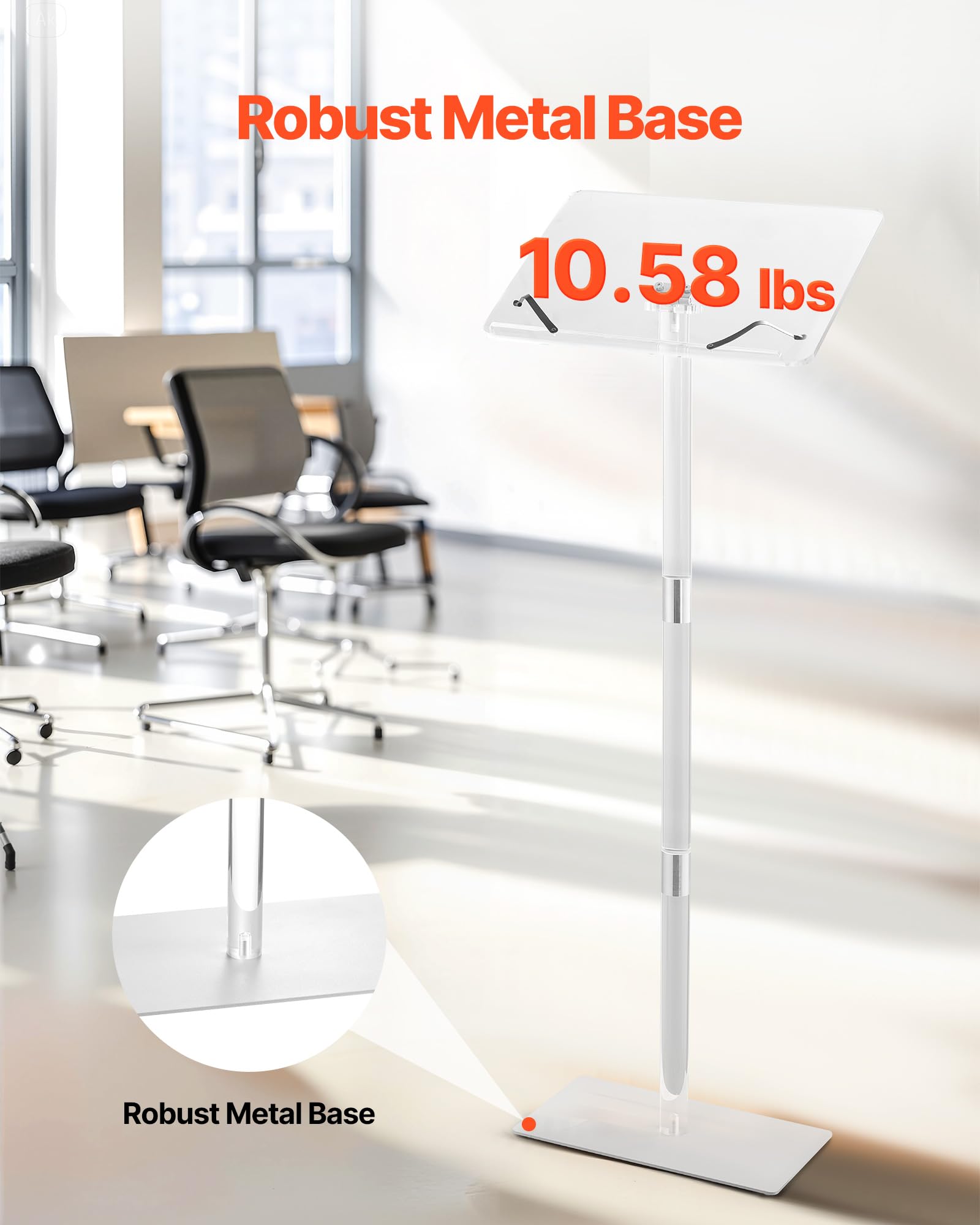 Podium Stand, 41-Inch Acrylic Lectern, Portable Laptop Desk with Wide Reading Surface, Book Clips, Adjustable Angle, Floor-Standing, for Classroom, Wedding, Conference, Lecture and Concert