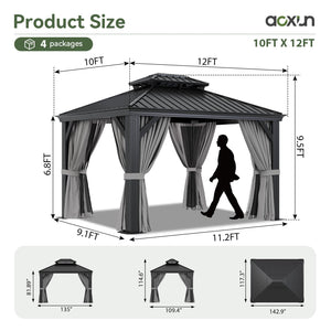 10' X 12' Hardtop Gazebo with Drainage System, Aluminum Outdoor Gazebo with Galvanized Steel Double Roof, Patio Permanent Metal Pavilion with Netting, for Garden, Deck, Grey
