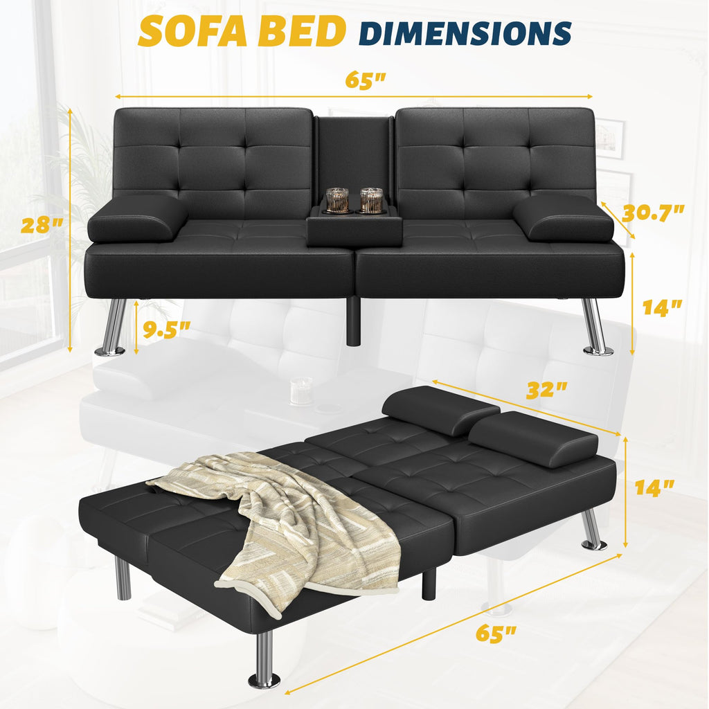 Sofa Bed Adjustable Futon Couch Sleeper Sofa Bed for Living Room, Business Office, Recliner Sofas with Cup Holders (PU Leather, Black)