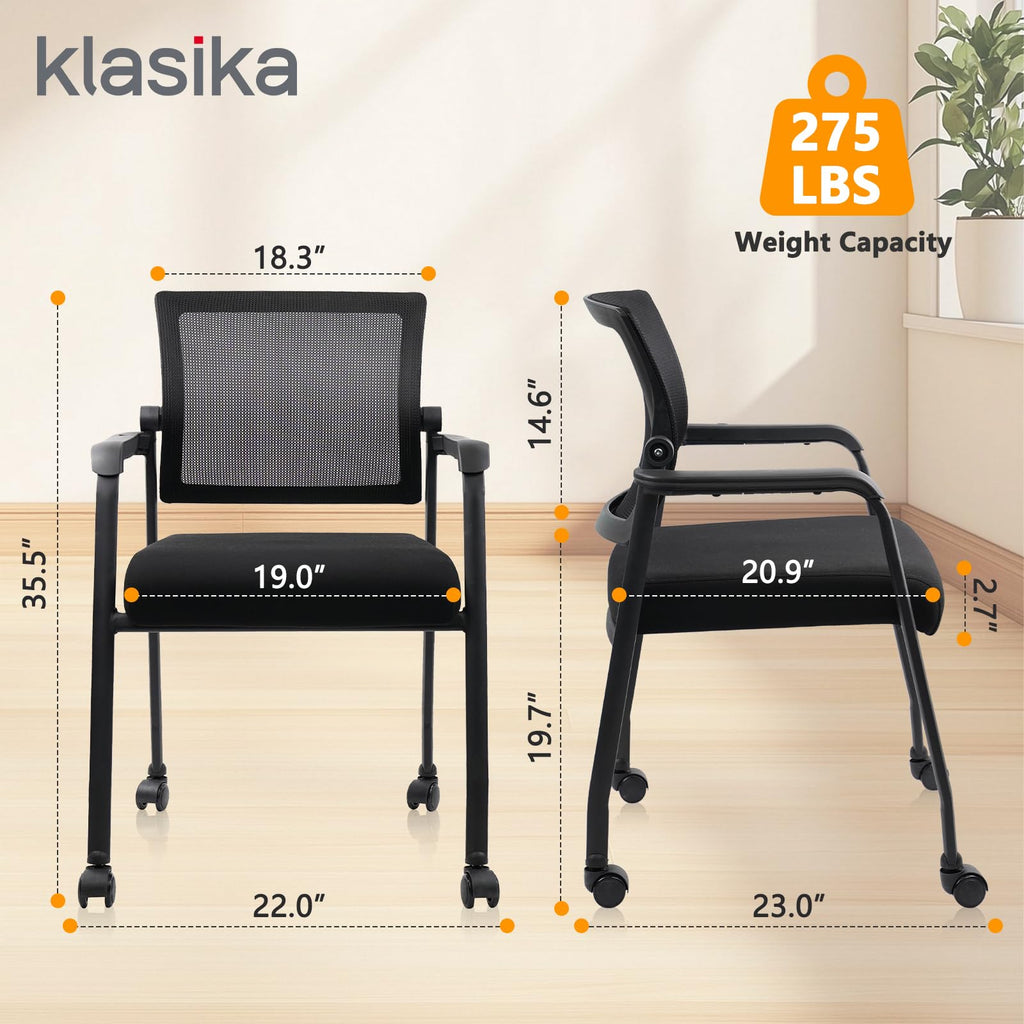 Waiting Room Chairs with Wheels, Adjustable Mesh Backrest, Desk Chair with Ergonomic Lumbar Support and Thickened Seats Cushion, 4 Pack Black