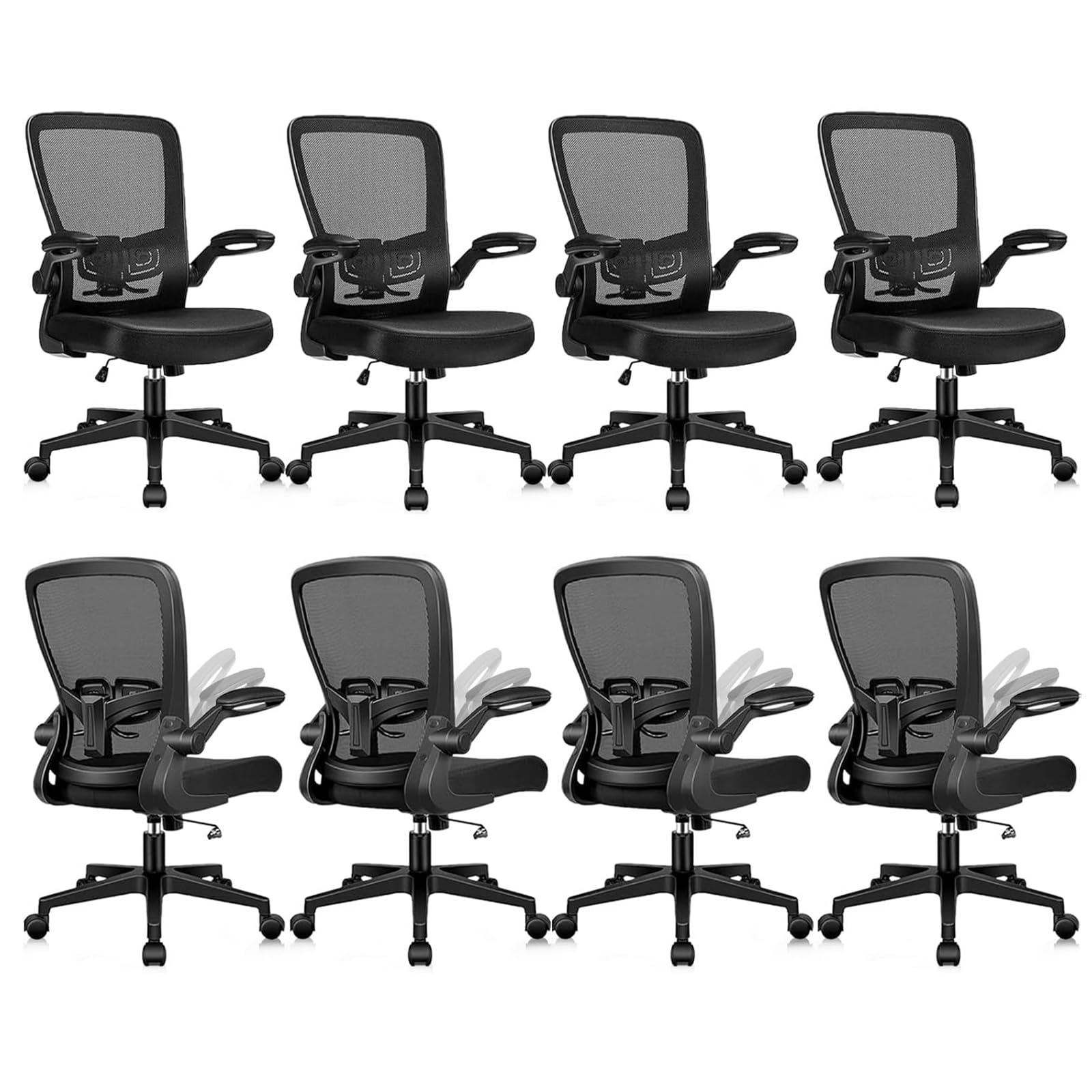 Office Desk Chairs with Wheels, Ergonomic Mesh Chair with Adjustable Height Lumbar Support, Rolling Swivel Computer Task Chair with Flip Up Armrests for Home, Study, Conference, Black (8PK)