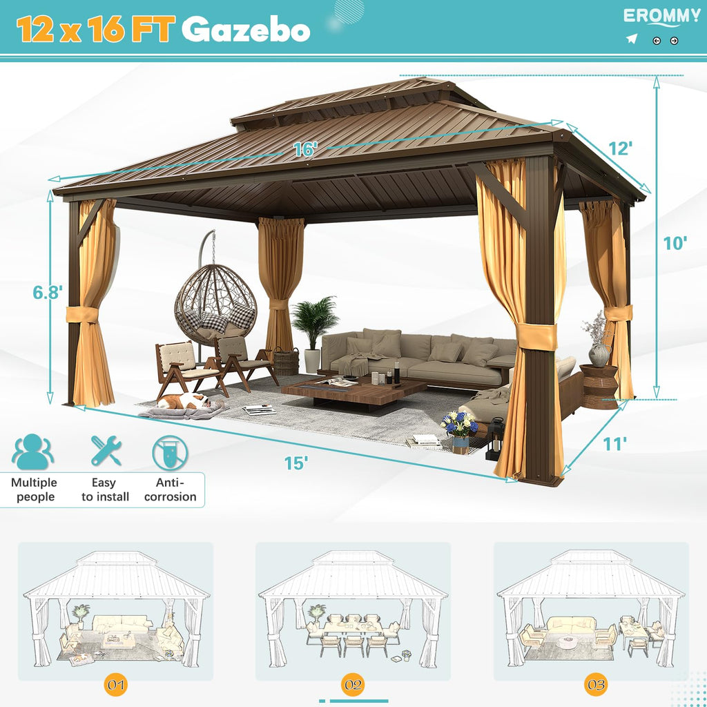 12' x 16' Hardtop Gazebo, Aluminum Frame Gazebos with Galvanized Steel Double Roof, Permanent Outdoor Metal Pavilion with Curtain and Netting for Patio, Lawn, Deck