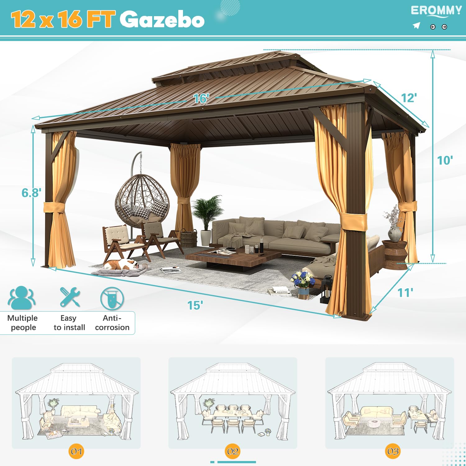 12' x 16' Hardtop Gazebo, Aluminum Frame Gazebos with Galvanized Steel Double Roof, Permanent Outdoor Metal Pavilion with Curtain and Netting for Patio, Lawn, Deck