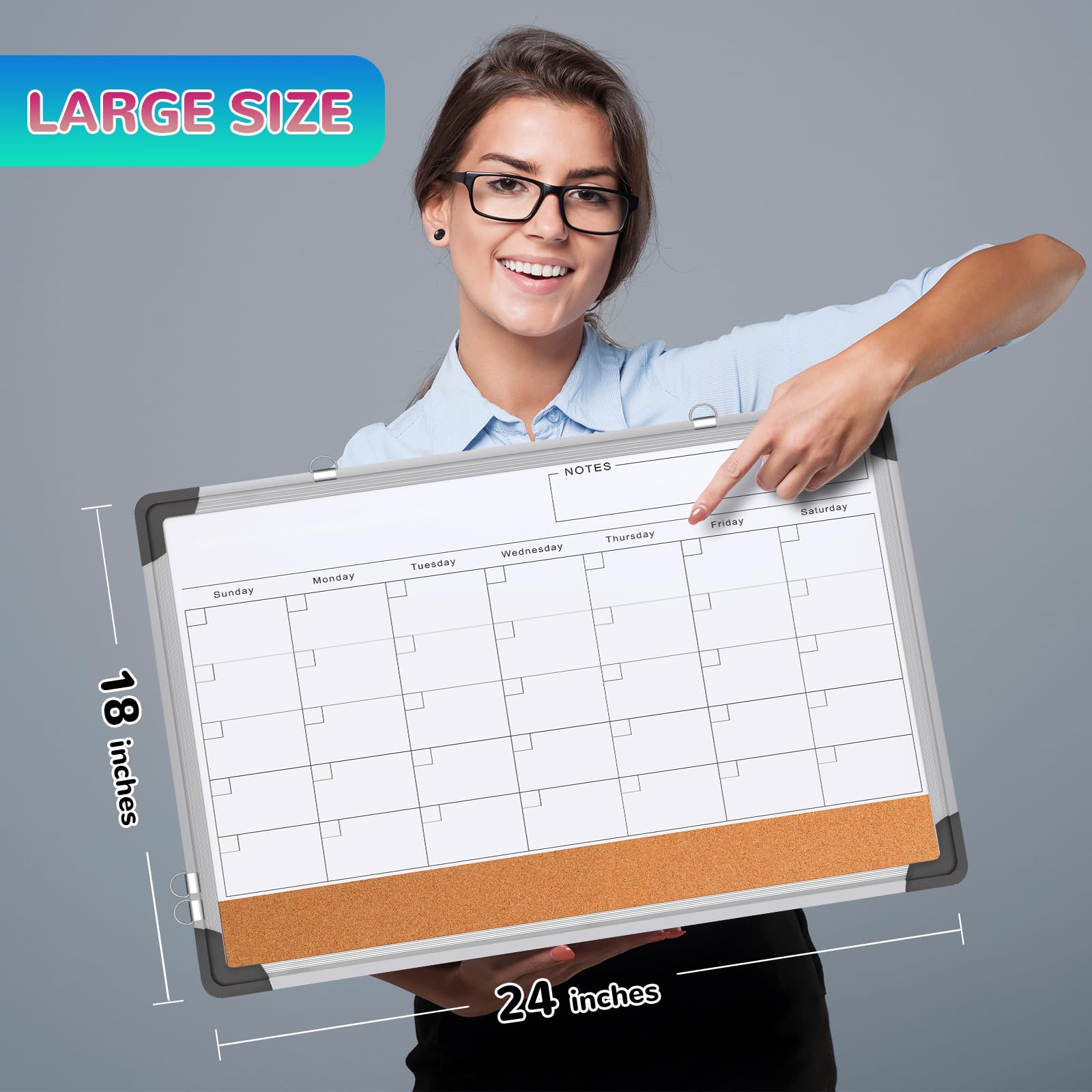 Monthly Calendar Whiteboard for Wall, 24x18 Inches Dry Erase Board with Cork Board Combo, Magnetic White Board, Double-Sided Hanging Portable Board for Office School Home Kitchen Planner Memo