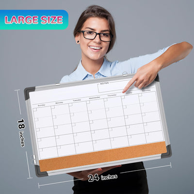 Monthly Calendar Whiteboard for Wall, 24x18 Inches Dry Erase Board with Cork Board Combo, Magnetic White Board, Double-Sided Hanging Portable Board for Office School Home Kitchen Planner Memo
