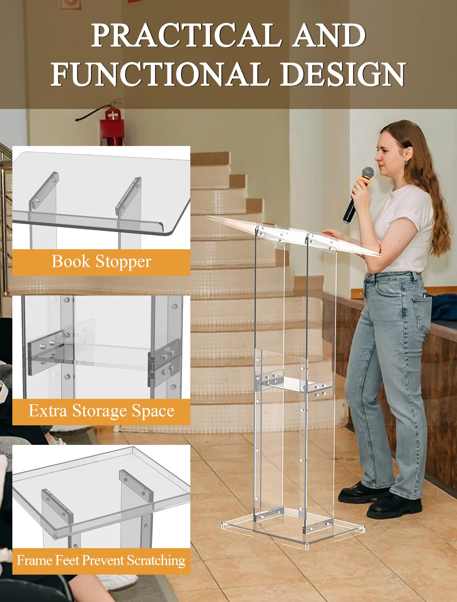 Podium Stand with Storage Shelf, 45.5" Modern Clear Lectern with Reading Platform for Classroom, Weddings, Conference, Concert, Professional Presentation Podiums