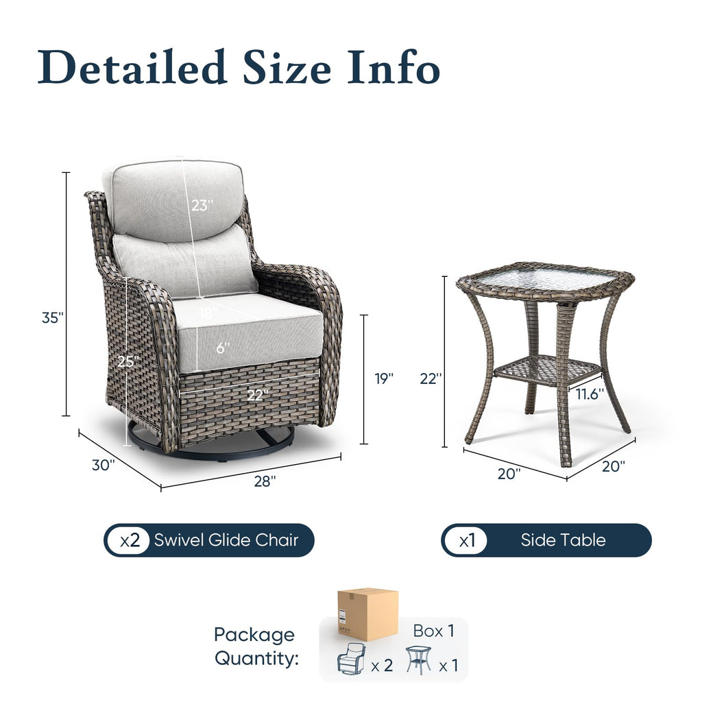 Luxury 6" Thick Cushioned Outdoor Swivel Rocker Patio Chairs with Side Table, High Back Wicker Furniture Set with Ergonomic Zone Back, Conversation Glider Set for Deck Porch - Grey+Beige