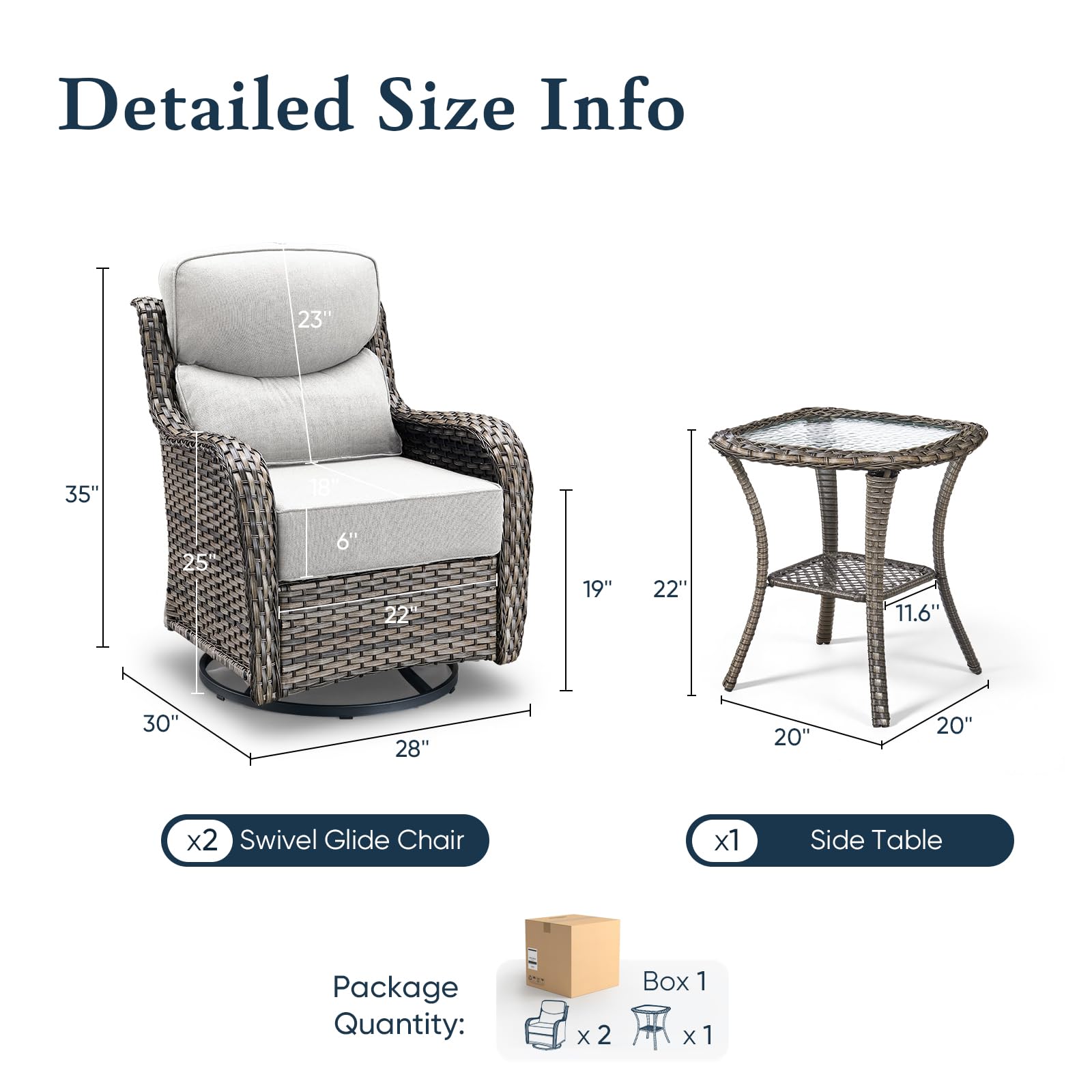 Luxury 6" Thick Cushioned Outdoor Swivel Rocker Patio Chairs with Side Table, High Back Wicker Furniture Set with Ergonomic Zone Back, Conversation Glider Set for Deck Porch - Grey+Beige